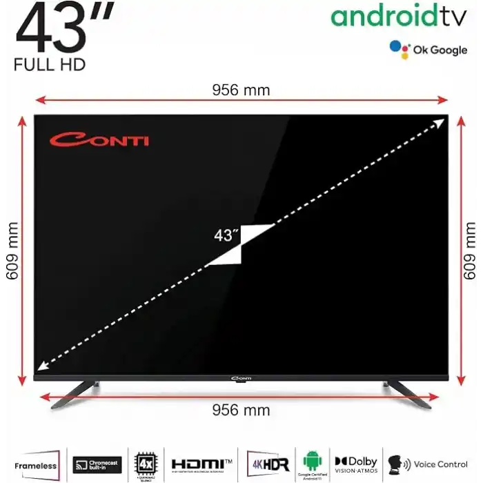 Conti 43 İnç Full HD Android TV (CT43AN300F) Dolby Atmos Vision, HDR, Çerçevesiz, Dahili Uydu Alıcı, Wi-Fi, Bluetooth, Chromecast Built-in, 2x HDMI, Smart TV