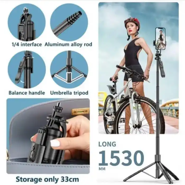 Coverzone Profesyonel Tripod Ve Selfie Çubuğu L16 Bluetooth Uzaktan Kumandalı 153 cm Cep Telefonu Yüksekliği Ayarlanabilir Masaüstü Portatif Taşınabilir İç Dış Mekan Evde Tatilde Kampda Kullanım Uygun
