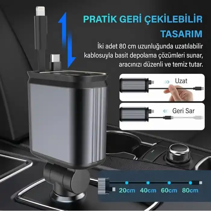 66W ACL Led Işık Tavan Aydınlatmalı 4IN1 Çift Kablolu Hızlı Şarj 3.4A Araç İçi Çakmaklık Şarj Aleti