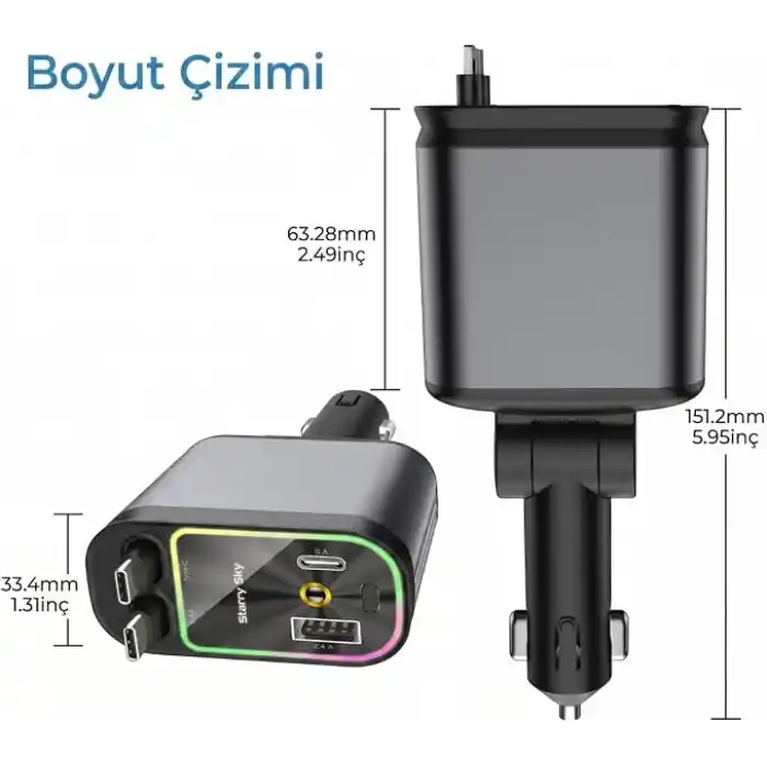66W ACL Led Işık Tavan Aydınlatmalı 4IN1 Çift Kablolu Hızlı Şarj 3.4A Araç İçi Çakmaklık Şarj Aleti