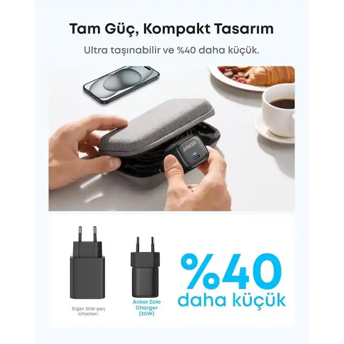 Anker Zolo 30W Kompakt, USB-C GaN Şarj Cihazı, Siyah – A2698