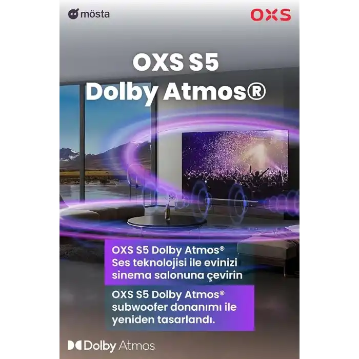 OXS S5 Dolby Atmos Soundbar 3.1.2 kanal, entegre subwoofer, esnek bas, diyalog geliştirme, Bluetooth 5.0 ve HDMI eARC bağlantısı, 5 EQ modu, 4K HDR Geçiş, Ev Sinema Sistemi