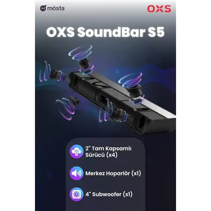 OXS S5 Dolby Atmos Soundbar 3.1.2 kanal, entegre subwoofer, esnek bas, diyalog geliştirme, Bluetooth 5.0 ve HDMI eARC bağlantısı, 5 EQ modu, 4K HDR Geçiş, Ev Sinema Sistemi