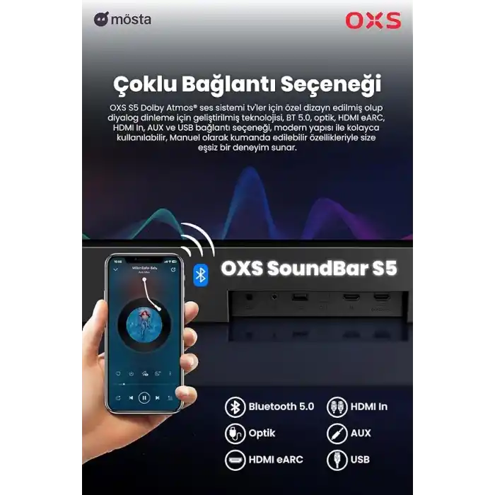 OXS S5 Dolby Atmos Soundbar 3.1.2 kanal, entegre subwoofer, esnek bas, diyalog geliştirme, Bluetooth 5.0 ve HDMI eARC bağlantısı, 5 EQ modu, 4K HDR Geçiş, Ev Sinema Sistemi
