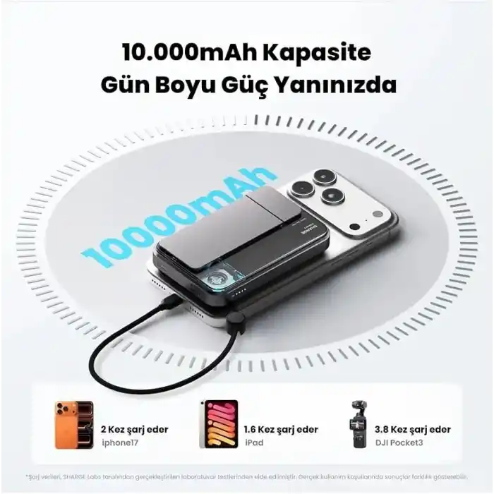 Icemag 3 Soğutucu Fanlı Standlı 10000 mAh Qi2 25W MagSafe Uyumlu Şeffaf Powerbank, Dahili Kablolu Hızlı Şarj Cihazı