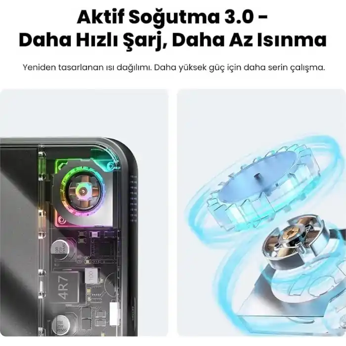 Icemag 3 Soğutucu Fanlı Standlı 10000 mAh Qi2 25W MagSafe Uyumlu Şeffaf Powerbank, Dahili Kablolu Hızlı Şarj Cihazı