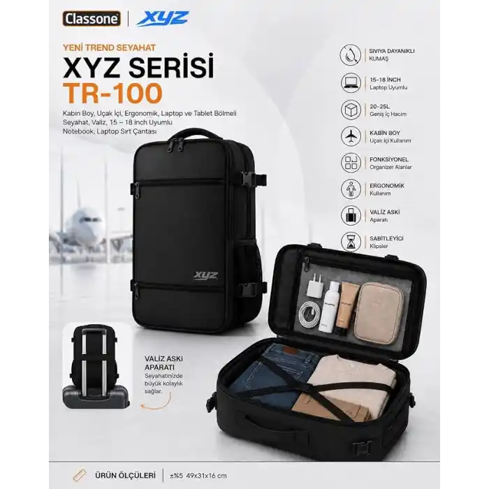 Classone XYZ Serisi TR-100 Kabin Boy,Uçak İçi, Ergonomik, Laptop ve Tablet Bölmeli, Seyahat, Valiz, 15-18 inch Uyumlu Notebook, Laptop Sırt Çantası