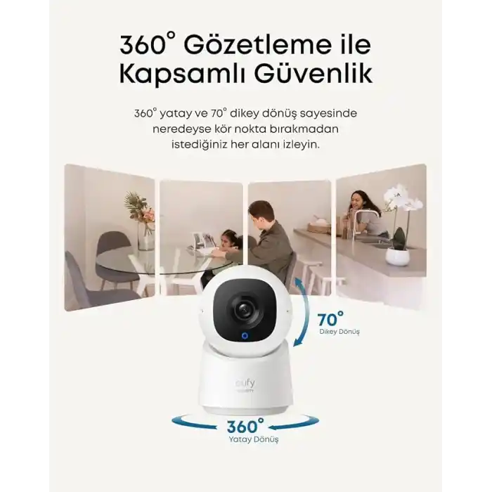 Anker eufy Security Indoor Kamera C220, 2K Netlik, 360° Yatay Görünümle, Yapay Zeka İzleme ve Hareket Algılama, İki Yönlü Ses, Anker Türkiye Garantili