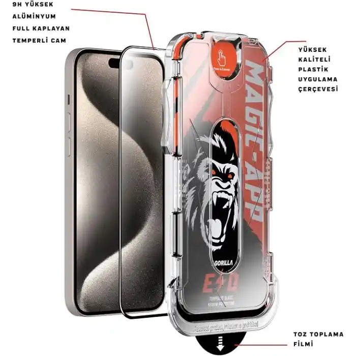KlasseGear X-Gorilla iPhone 16 Pro / 17 Ekran Koruyucu Cam, 9H Kırılmaz Çizilmez Tam Kaplama, Hizalama Aparatlı Tozsuz Uygulama (Şeffaf & Hayalet Seçenekleri)