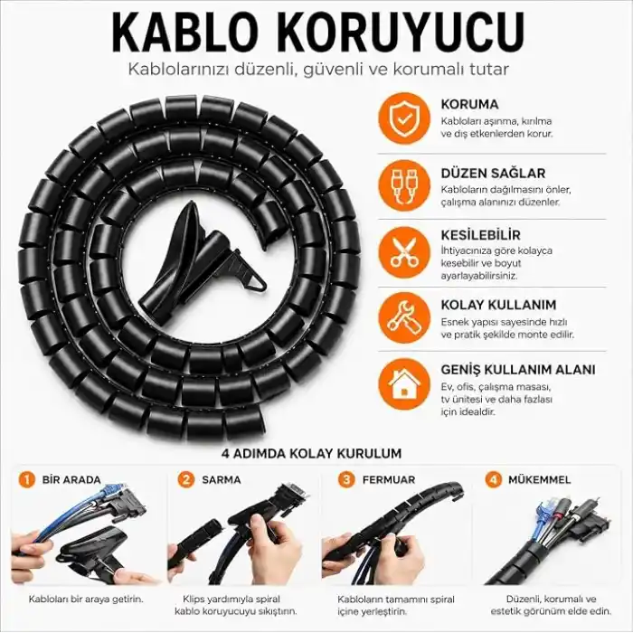 Orret Home 1,5 Metre 25 mm Kablo Koruyucu Spiral Siyah, Kablo Düzenleyici Organizer, Kablo Toplayıcı Sarma Spirali, Esnek Kablo Kanalı ve Kablo Gizleyici Koruma Kılıfı