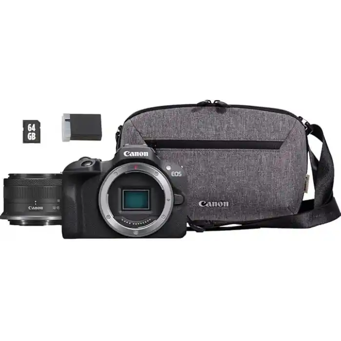 Canon EOS R100 + RF-S 18-45mm IS STM Travel Kit (Omuz Çantası + 64GB SD Kart)