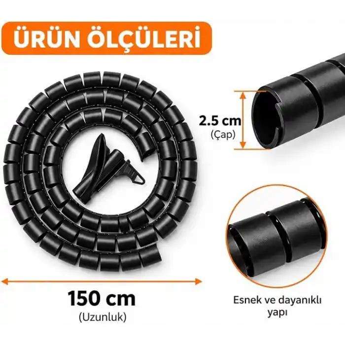 Orret Home 1,5 Metre 25 mm Kablo Koruyucu Spiral Siyah, Kablo Düzenleyici Organizer, Kablo Toplayıcı Sarma Spirali, Esnek Kablo Kanalı ve Kablo Gizleyici Koruma Kılıfı