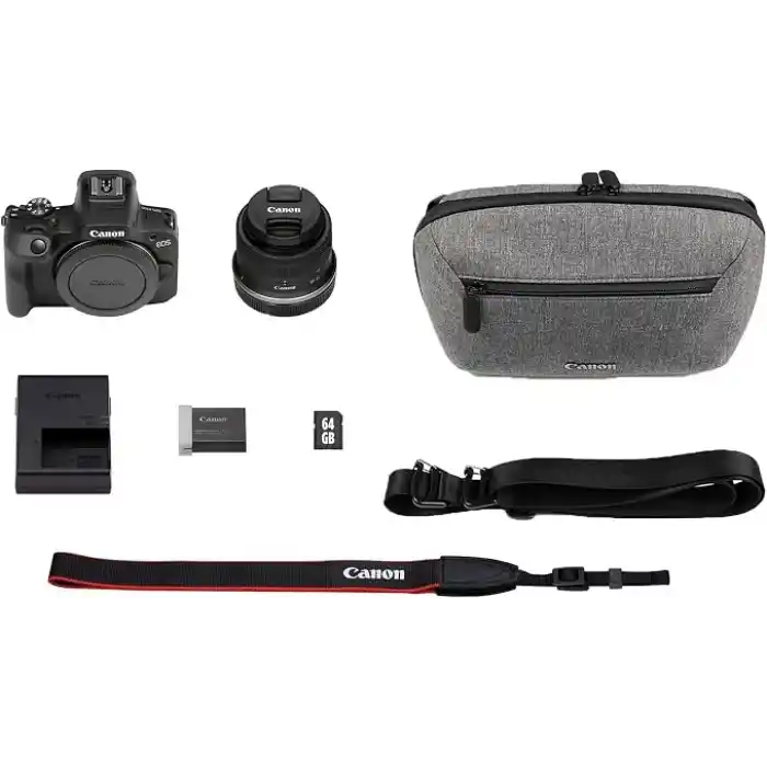 Canon EOS R100 + RF-S 18-45mm IS STM Travel Kit (Omuz Çantası + 64GB SD Kart)