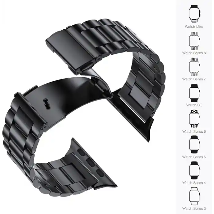 Minesk Apple Watch ile Uyumlu Metal Kordon 42mm 44mm 45mm 46mm 49mm (Siyah)