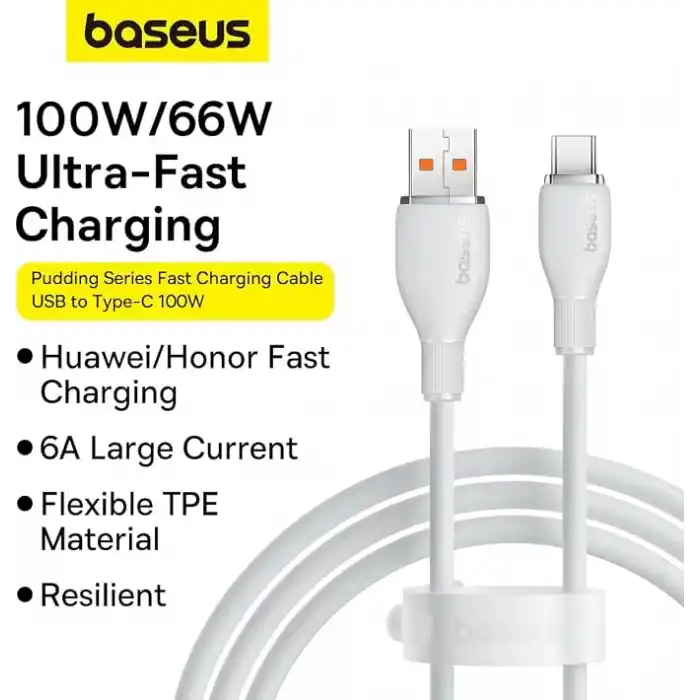 Baseus Pudding Hızlı Şarj Özellikli Type-C Kablo 100W, 1.2 Metre, Beyaz