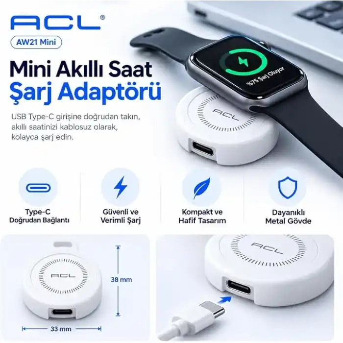 ACL AW21 Apple Watch için Kablosuz Şarj Cihazı | 2.5W USB-C Girişli, Çinko Alaşım Metal Gövdeli Mini Taşınabilir Şarj Adaptörü