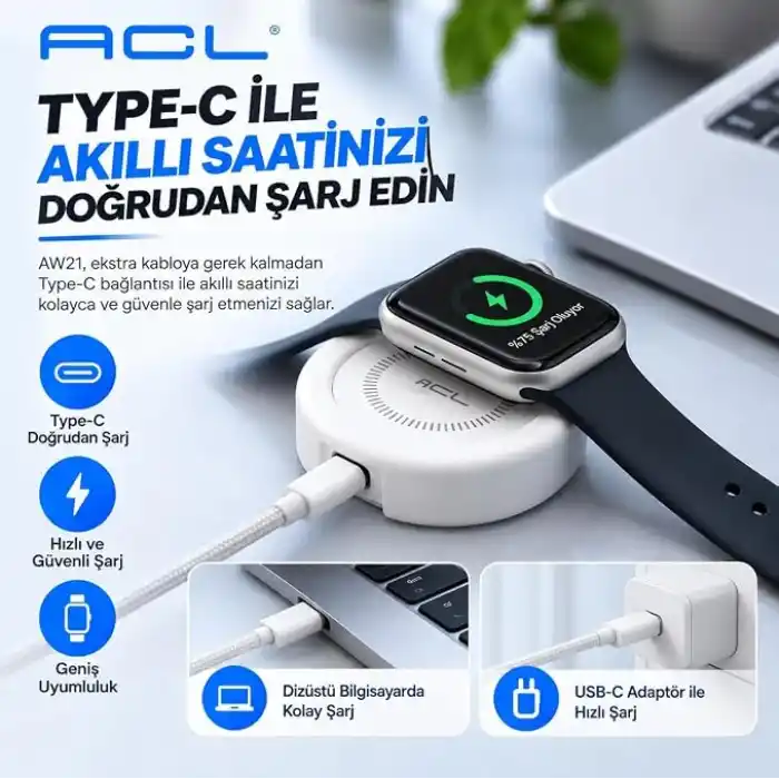 ACL AW21 Apple Watch için Kablosuz Şarj Cihazı | 2.5W USB-C Girişli, Çinko Alaşım Metal Gövdeli Mini Taşınabilir Şarj Adaptörü