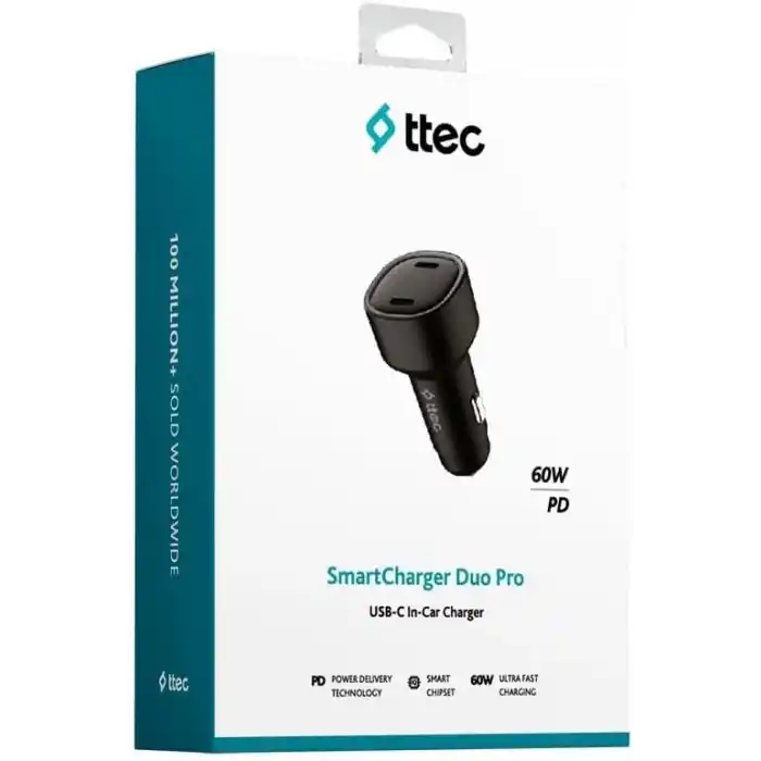 ttec SmartCharger Duo PD 60W Araç Hızlı Şarj Aleti USB-C+USB-C Siyah