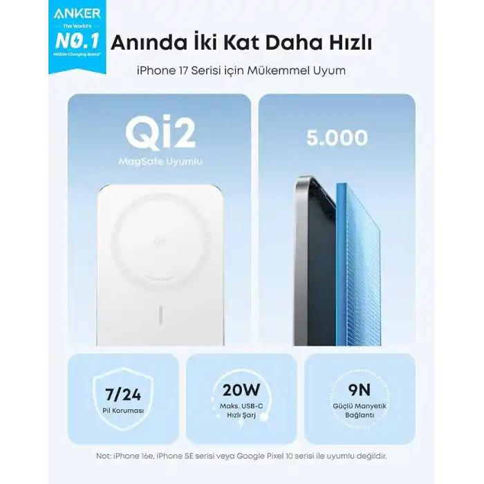 Anker Nano 5.000 mAh MagSafe Powerbank, Ultra İnce Manyetik Taşınabilir Şarj Cihazı, Qi2 Sertifikalı 15W, MagSafe Uyumlu, Ergonomik Tasarım, Beyaz - A1665
