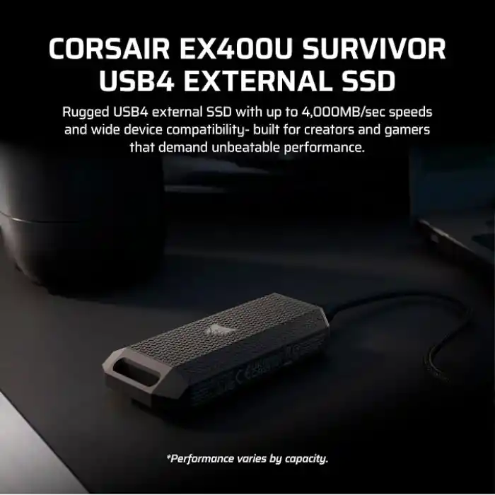 Corsair EX400U Survivor 2 TB USB4 Harici SSD – 4.000 MB/sye kadar, IP55 koruma sınıfı, PC, Mac ve iPad için tak ve çalıştır – Siyah