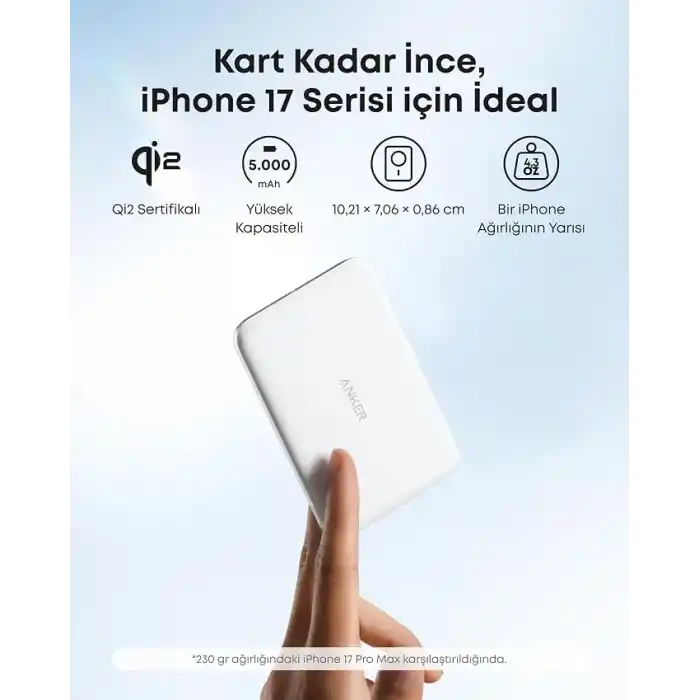 Anker Nano 5.000 mAh MagSafe Powerbank, Ultra İnce Manyetik Taşınabilir Şarj Cihazı, Qi2 Sertifikalı 15W, MagSafe Uyumlu, Ergonomik Tasarım, Beyaz - A1665