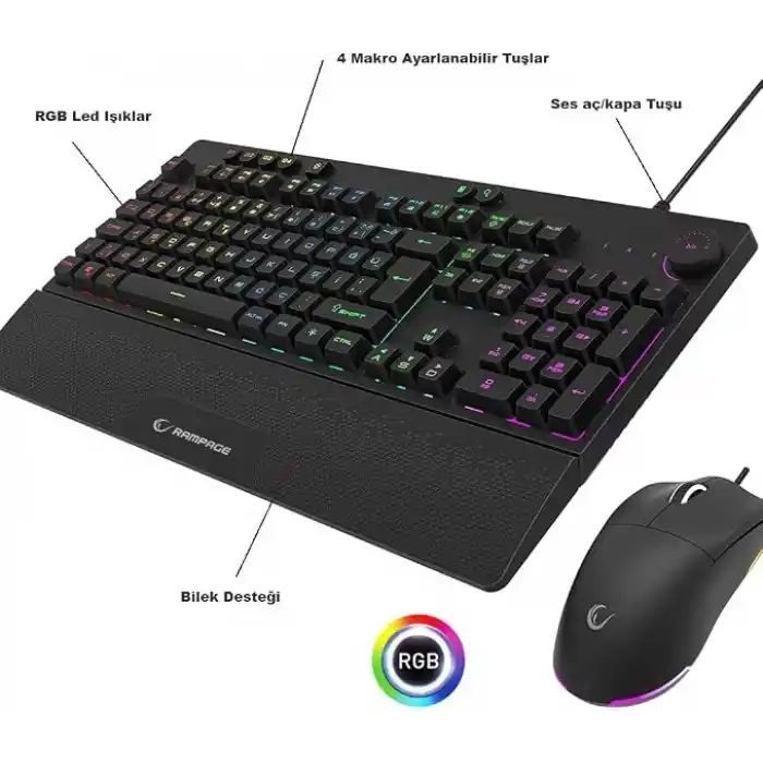 Rampage Eclipse Siyah Usb RGB Aydınlatmalı Q Gaming 4 Tuş Makrolu Oyuncu Klavye Mouse Set