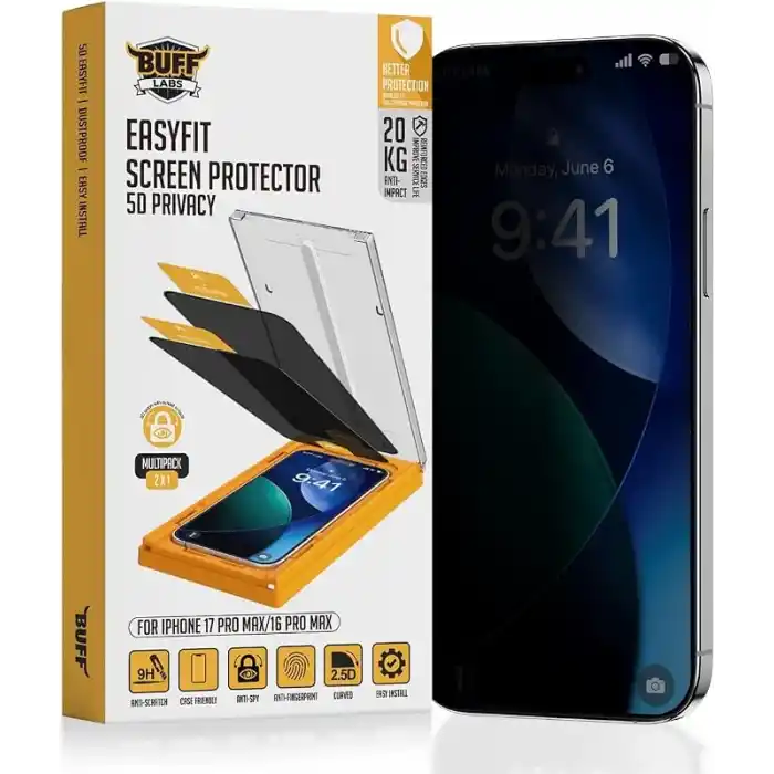 BUFF LABS 5D Privacy EasyFit 2 Adet Kolay Uygulama Aparatlı Ekran Koruyucu Temperli Hayalet Ekran Cam (iPhone 17 Pro Max / iPhone16 Pro Max)
