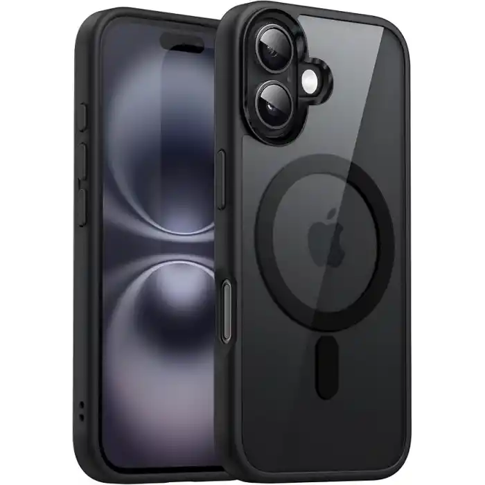Minesk iPhone 17 için SUPER-CRYSTAL Magsafe ile Uyumlu Kılıf Arkası Kristal Berraklığında Cam Görünüm Kenarları Darbe Emici Silikon Hybrid Kılıf (Siyah, 17)