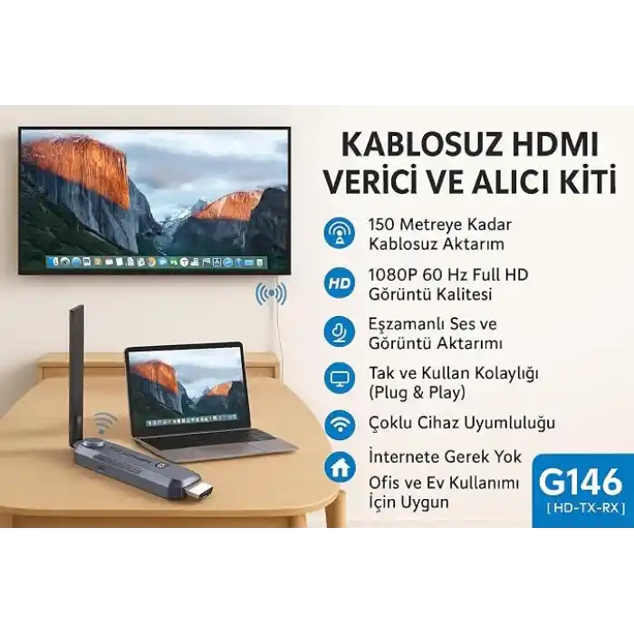 Coverzone Kablosuz HDMI Verici ve Alıcı Kiti - Uydudan Projeksiyona | 150 Metre Menzil | 1080P 60Hz Notebookdan TVye Görüntü Aktarımı | HD-TX-RX | Tak-Çalıştır | Çoklu Cihaz Desteği - G146 HDMI