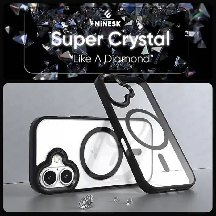 Minesk iPhone 17 için SUPER-CRYSTAL Magsafe ile Uyumlu Kılıf Arkası Kristal Berraklığında Cam Görünüm Kenarları Darbe Emici Silikon Hybrid Kılıf (Siyah, 17)