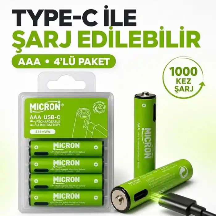 Micron AAA Şarj Edilebilir Lityum Pil 1.5V 1000 Döngü USB Type-C Girişli AAA İnce Kalem Pil 4’lü