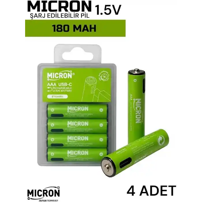 Micron AAA Şarj Edilebilir Lityum Pil 1.5V 1000 Döngü USB Type-C Girişli AAA İnce Kalem Pil 4’lü