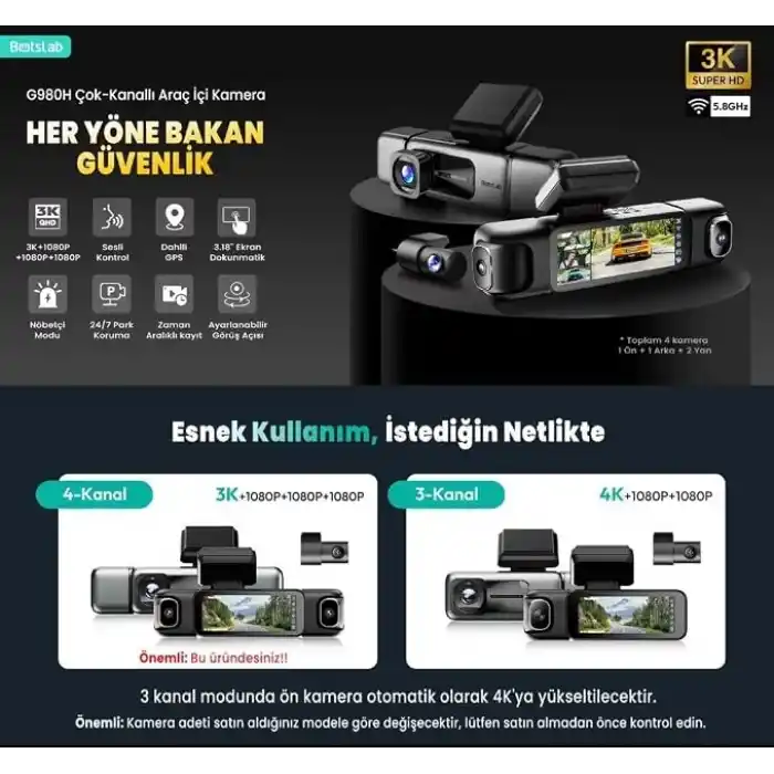 Botslab Ses Kontrolü,4 Kanallı 3,18 inç Dokunmatik Ekran, 2160P + 1080P + 1080P Ön ve Arka İç Döngü Kaydı, 5,8 GHz WiFi, GPS, Gece Görüşü, WDR, Park Modu ile 4K Araç Kamerası 128 Gb Hafıza Kartlı