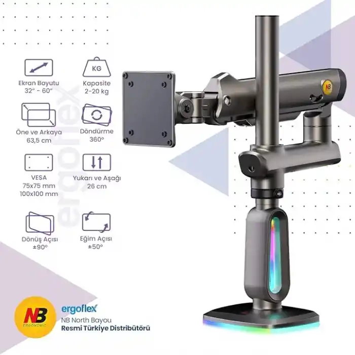 North Bayou NB F7 Ergonomic RGB Aydınlatmalı 32-60 inch Büyük Ekranlar İçin Profesyonel 2026 Versiyon Monitör Standı (32-60 Inch)
