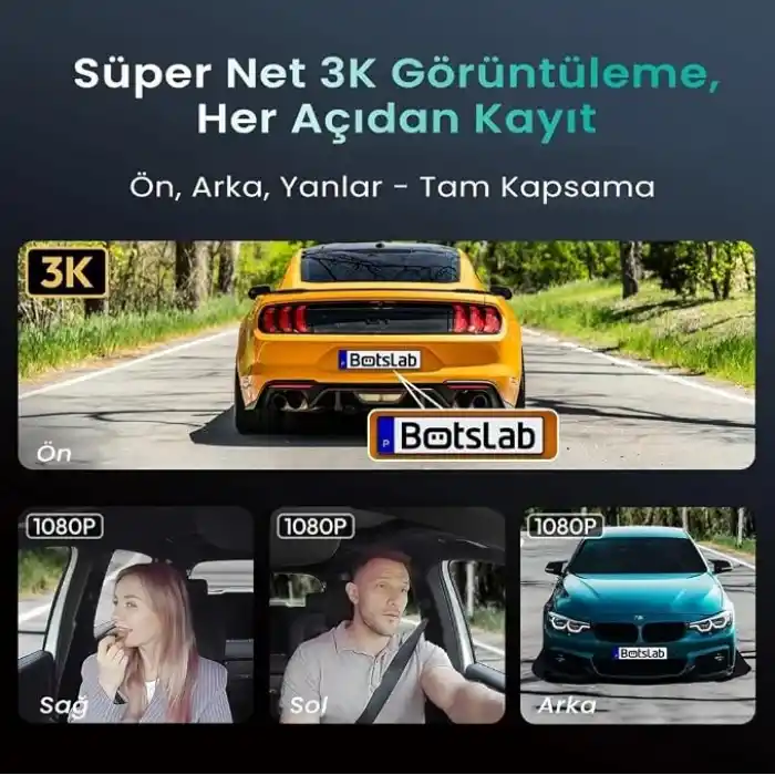Botslab Ses Kontrolü,4 Kanallı 3,18 inç Dokunmatik Ekran, 2160P + 1080P + 1080P Ön ve Arka İç Döngü Kaydı, 5,8 GHz WiFi, GPS, Gece Görüşü, WDR, Park Modu ile 4K Araç Kamerası 128 Gb Hafıza Kartlı