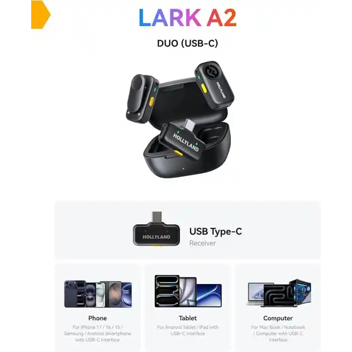 Hollyland LARK A1 Kablosuz Mini Mikrofon, iPhone 15/16 ve Android için, 48 kHz/24 bit, 3 Seviyeli Akıllı Gürültü Engelleyici, YouTube, Podcast, Vlog için Mikrofon (Siyah, 2TX + USB-C RX + Şarj Kılıfı)