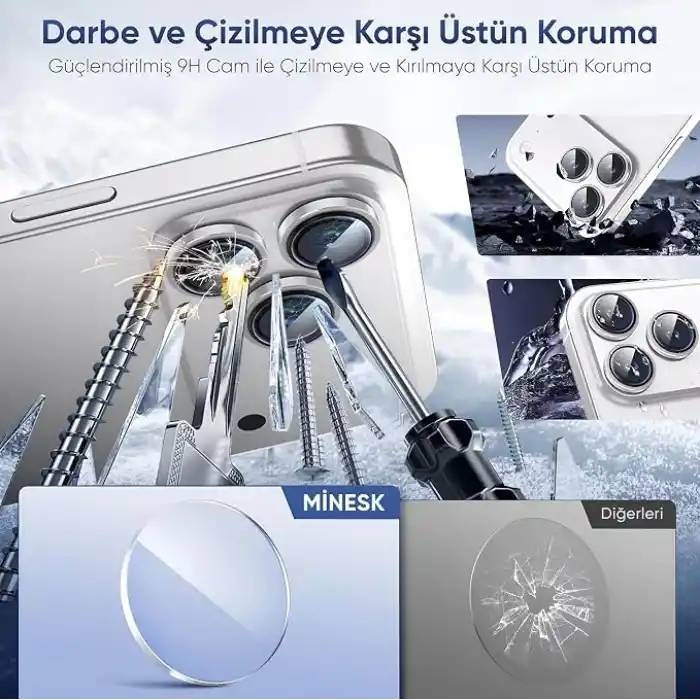 Minesk iPhone 16 Pro-16 Pro Max/17 Pro-17 Pro Max ile Uyumlu Kolay Kurulum Aparatlı Alüminyum Alaşım Çerçeveli ve 9H Sertliğinde Temperli Camlı Lens Koruyucu (Gümüş, Lens Glass)