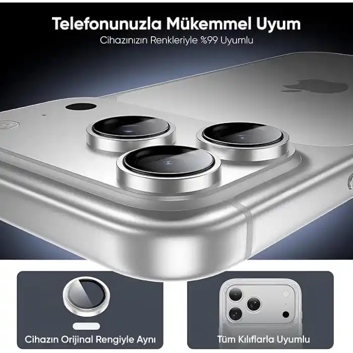 Minesk iPhone 16 Pro-16 Pro Max/17 Pro-17 Pro Max ile Uyumlu Kolay Kurulum Aparatlı Alüminyum Alaşım Çerçeveli ve 9H Sertliğinde Temperli Camlı Lens Koruyucu (Gümüş, Lens Glass)