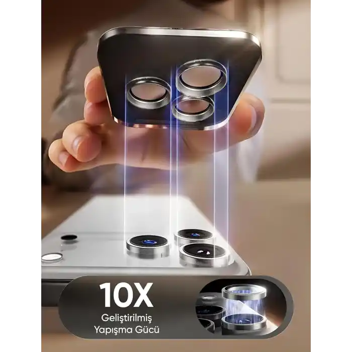 Minesk iPhone 16 Pro-16 Pro Max/17 Pro-17 Pro Max ile Uyumlu Kolay Kurulum Aparatlı Alüminyum Alaşım Çerçeveli ve 9H Sertliğinde Temperli Camlı Lens Koruyucu (Gümüş, Lens Glass)