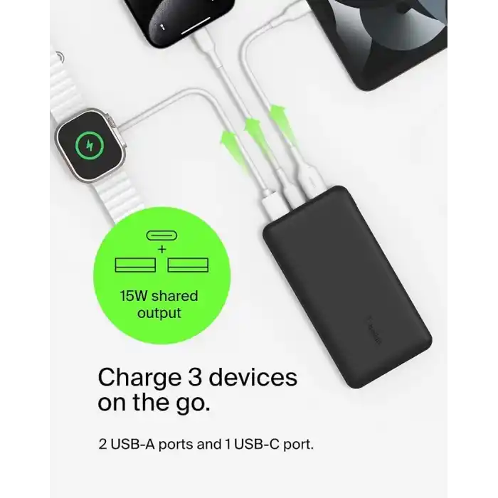 Belkin USB C Taşınabilir Powerbank 20000 mAh, USB Tip C Giriş Çıkış Bağlantı Noktalı 20K Güç Bankası için USB C - A Kablosu Dahil 2 USB A Bağlantı Noktası, Siyah