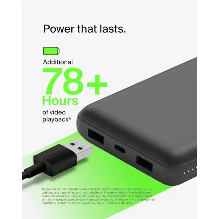 Belkin USB C Taşınabilir Powerbank 20000 mAh, USB Tip C Giriş Çıkış Bağlantı Noktalı 20K Güç Bankası için USB C - A Kablosu Dahil 2 USB A Bağlantı Noktası, Siyah