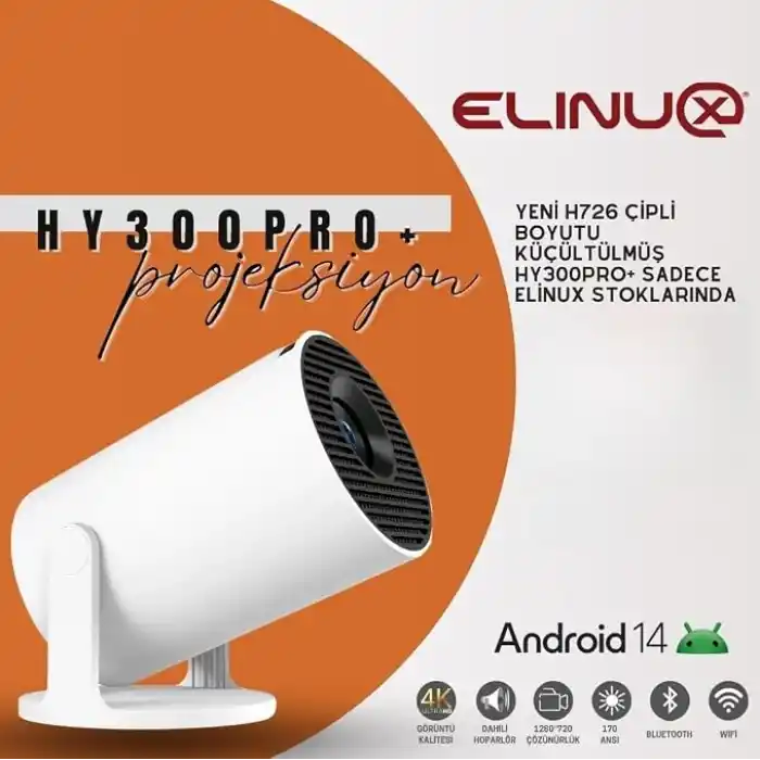 HY300Pro+ Android 14 Projektör, 720P Çözünürlük, 170 ANSI Lümen, Wi-Fi 6, Bluetooth 5.4, 4K Destekli, Otomatik Düzeltme, 30-130 inç Görüntü, Beyaz