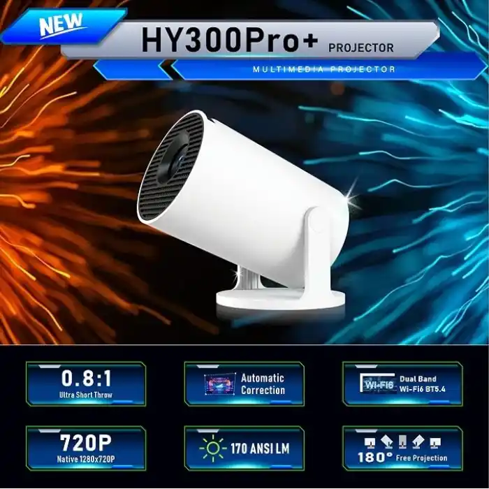 HY300Pro+ Android 14 Projektör, 720P Çözünürlük, 170 ANSI Lümen, Wi-Fi 6, Bluetooth 5.4, 4K Destekli, Otomatik Düzeltme, 30-130 inç Görüntü, Beyaz