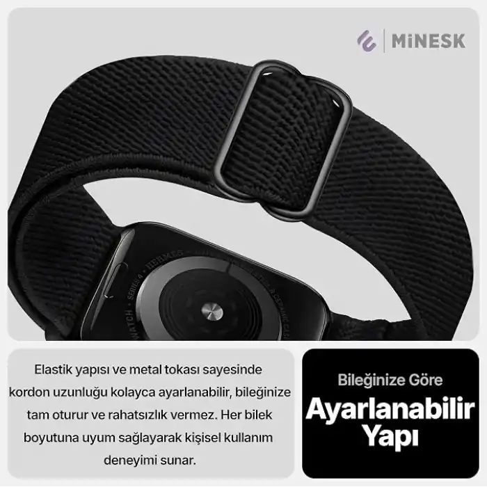 Minesk Apple Watch için Uyumlu Bilek Kalınlığına Göre Ayarlanabilir Yumuşak Kumaşlı ve İnce Görünümlü Dayanıklı Sık Dokuma Kumaş Kordon