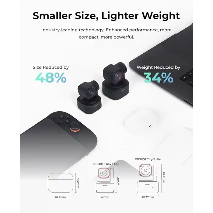 OBSBOT Tiny 3 Lite Yapay Zeka Destekli Mekansal Ses 4K Web Kamerası - 1/2 Sensörlü Kompakt AI Takip PTZ Kamera, Üç Mikrofonlu, Ses Kontrolü, 120FPS, HDR, PC, Mac, Dizüstü Bilgisayar, Akış, Toplantı