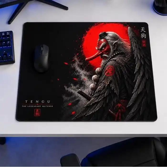Baskılı Dijital Tasarımlı Oyuncu Mouse Pad, Kaymaz Taban, Dikişli Gaming Mouse Pad Tengu 50x40 Cm