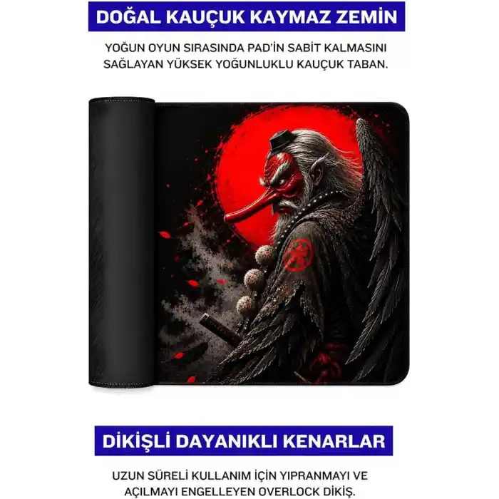 Baskılı Dijital Tasarımlı Oyuncu Mouse Pad, Kaymaz Taban, Dikişli Gaming Mouse Pad Tengu 50x40 Cm