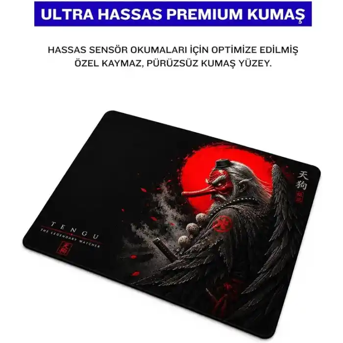 Baskılı Dijital Tasarımlı Oyuncu Mouse Pad, Kaymaz Taban, Dikişli Gaming Mouse Pad Tengu 50x40 Cm