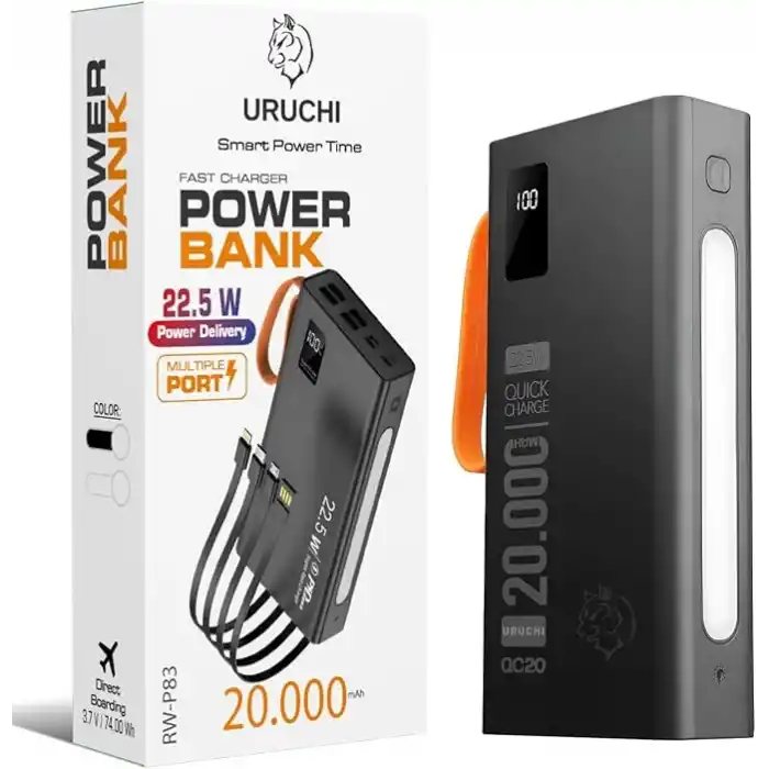 URUCHI 22.5W PD 3.0 Kablolu Powerbank, Gerçek 20.000 mAh Taşınabilir Şarj Cihazı, Dahili Type-C, Lightning ve Micro USB Kablolu, LED Ekranlı, Hızlı Şarj, iPhone 16/15 ve Android Uyumlu, Siyah