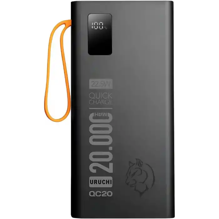 URUCHI 22.5W PD 3.0 Kablolu Powerbank, Gerçek 20.000 mAh Taşınabilir Şarj Cihazı, Dahili Type-C, Lightning ve Micro USB Kablolu, LED Ekranlı, Hızlı Şarj, iPhone 16/15 ve Android Uyumlu, Siyah